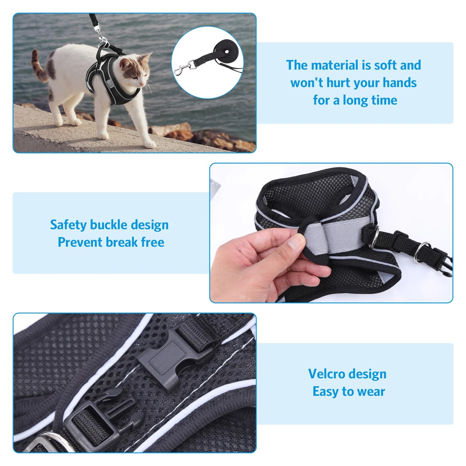 Cat Harness and Leash for Walking, Escape Proof Adjustable Cat Vest Harnesses, Easy Control Breathable Reflective Strips Jacket, Soft Harness for Puppy Small Medium Large Cats, Black(Xs)