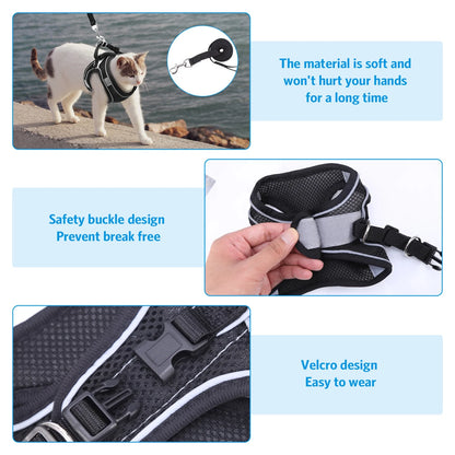 Cat Harness and Leash for Walking, Escape Proof Adjustable Cat Vest Harnesses, Easy Control Breathable Reflective Strips Jacket, Soft Harness for Puppy Small Medium Large Cats, Black(Xs)